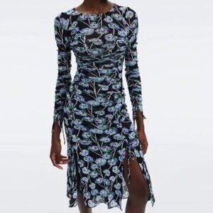 Brand New Diane von Furstenberg Corinne Ruched Floral-Print Mesh Midi Dress - M